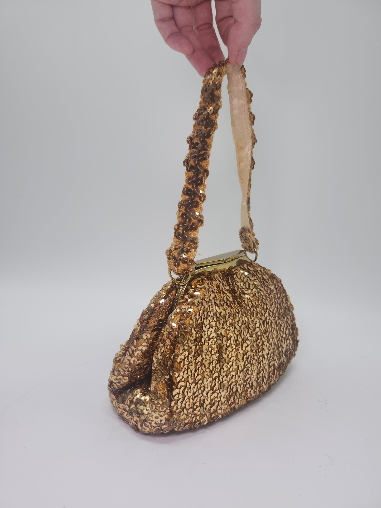 1950s Gold Sequin & Satin lined Handbag with attached Coin Purse