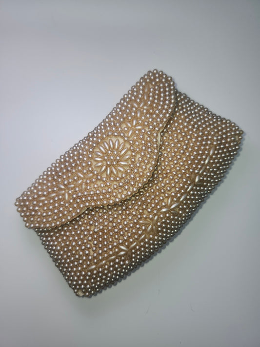 1940s Ivory Pearl Beaded Clutch Made in Occupied Japan
