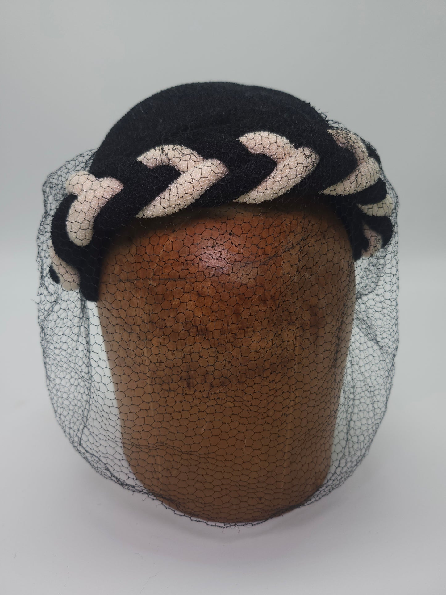 1950s Black & White Hat with Braid Detail & Black Netting