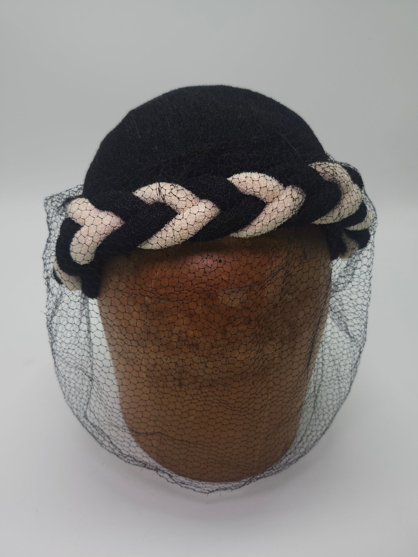 1950s Black & White Hat with Braid Detail & Black Netting
