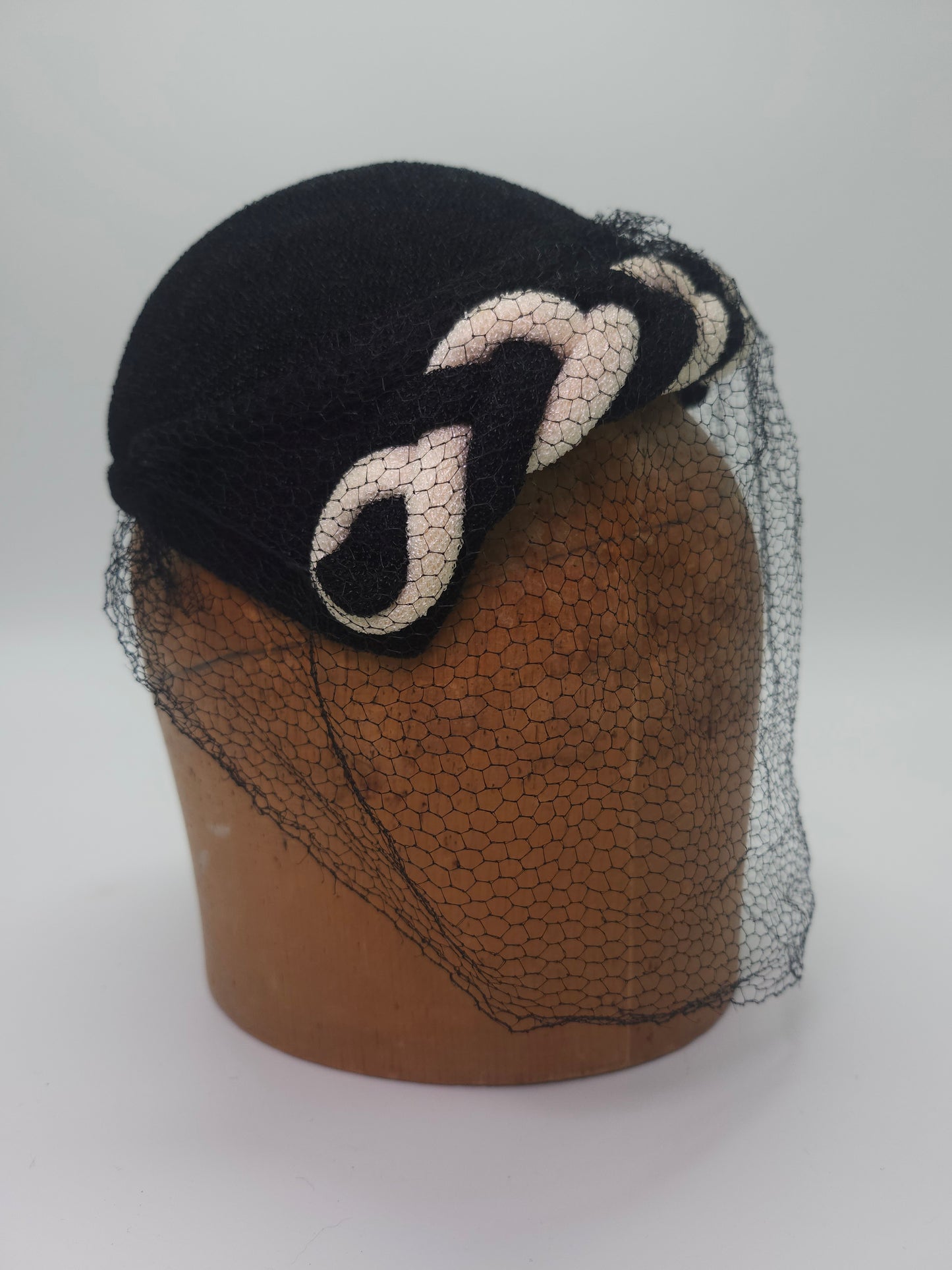 1950s Black & White Hat with Braid Detail & Black Netting