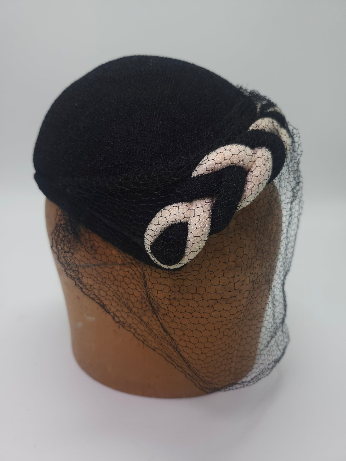 1950s Black & White Hat with Braid Detail & Black Netting