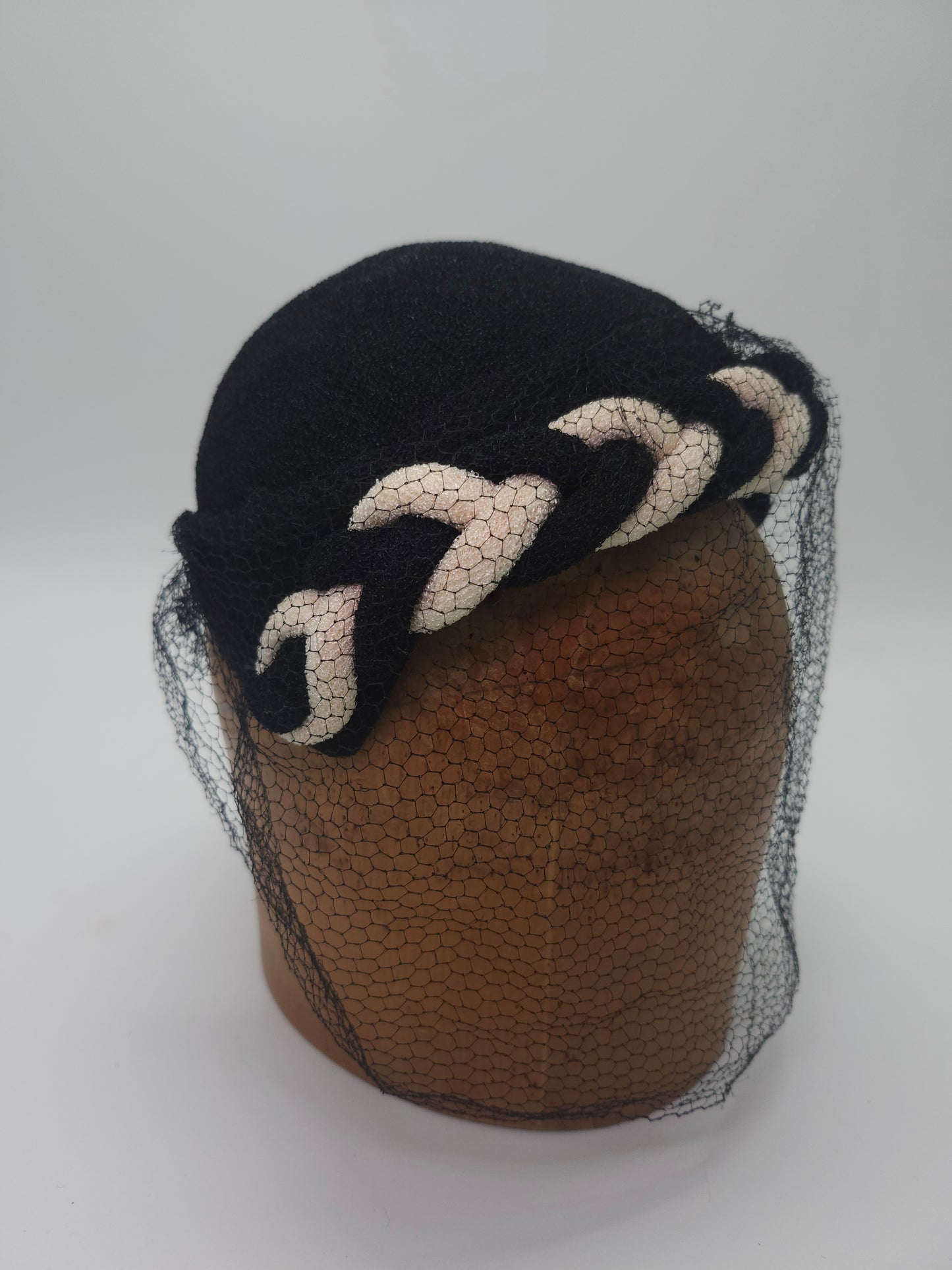 1950s Black & White Hat with Braid Detail & Black Netting