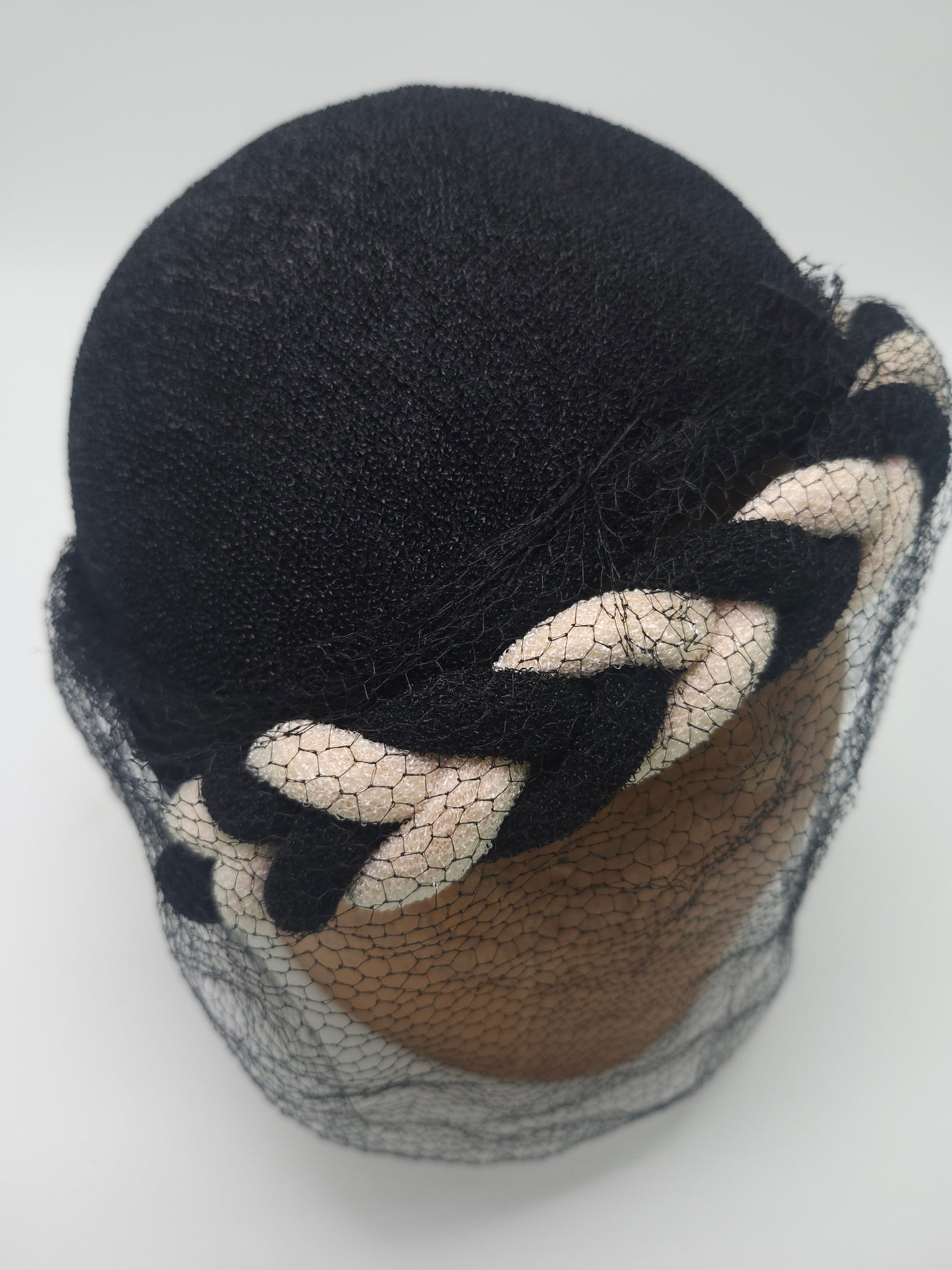 1950s Black & White Hat with Braid Detail & Black Netting