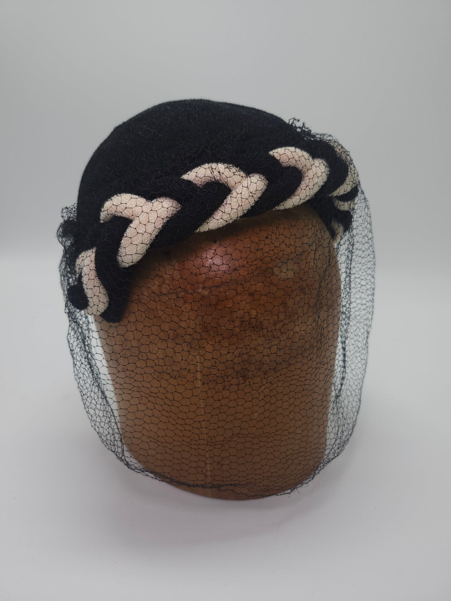 1950s Black & White Hat with Braid Detail & Black Netting