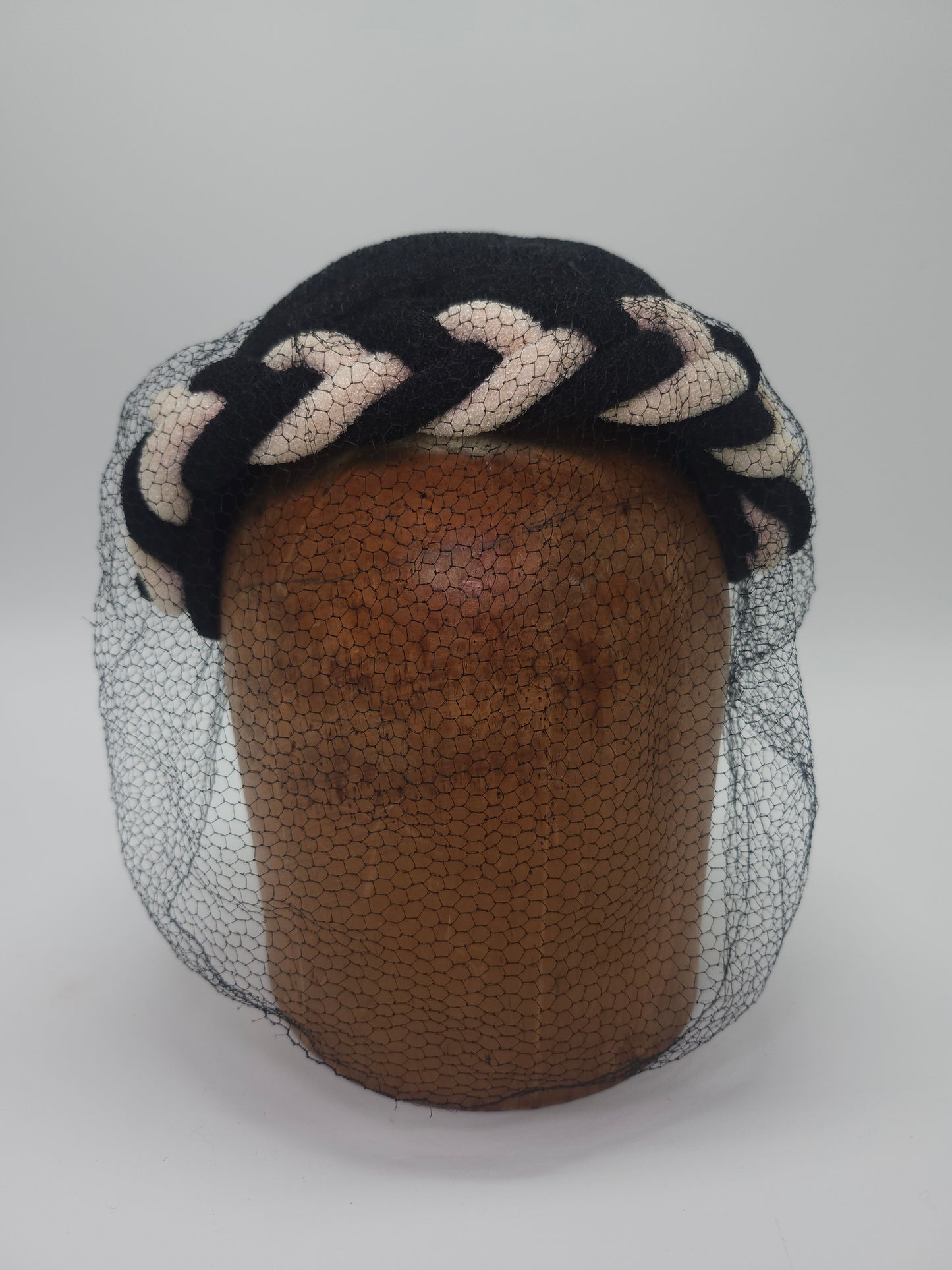 1950s Black & White Hat with Braid Detail & Black Netting
