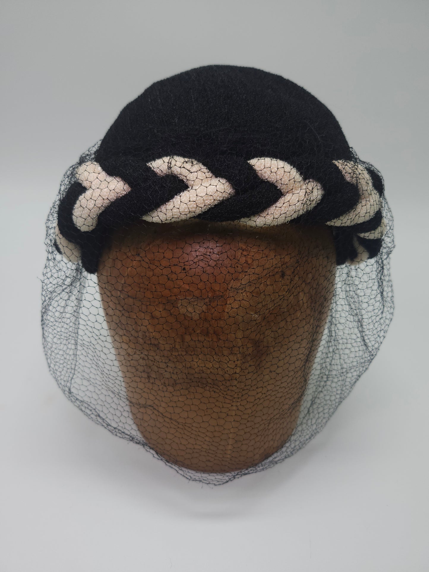 1950s Black & White Hat with Braid Detail & Black Netting