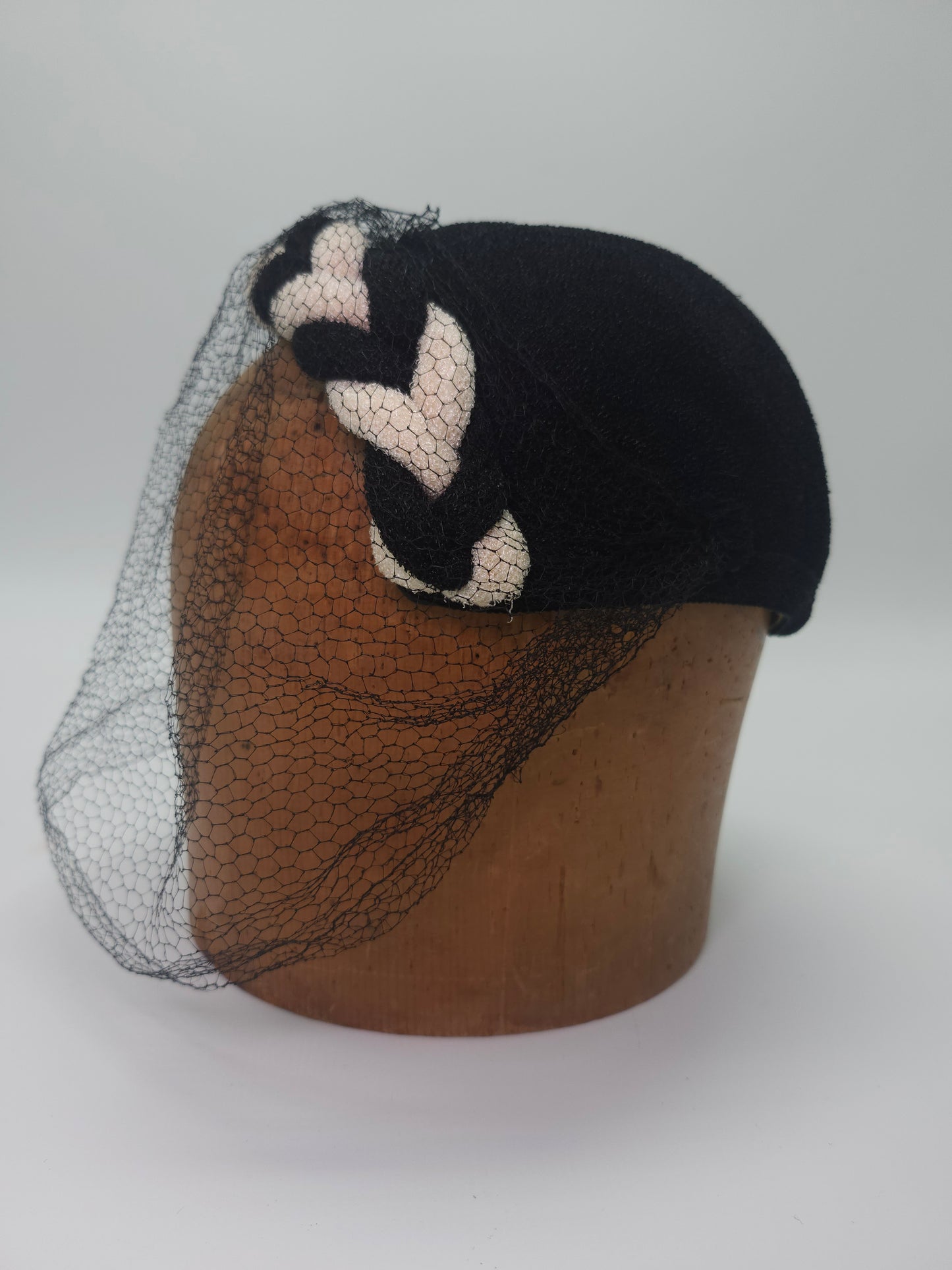 1950s Black & White Hat with Braid Detail & Black Netting