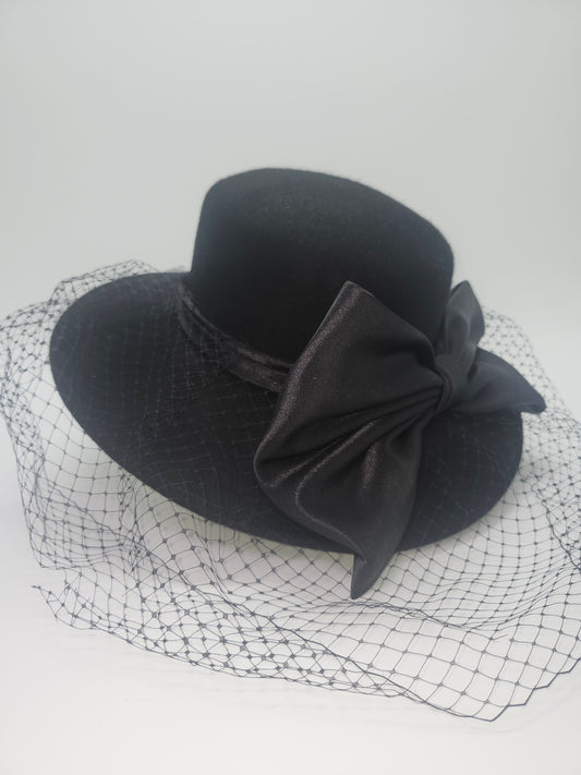 Vintage Black Wool Wide Brim Hat with Satin Bow & Black Netting