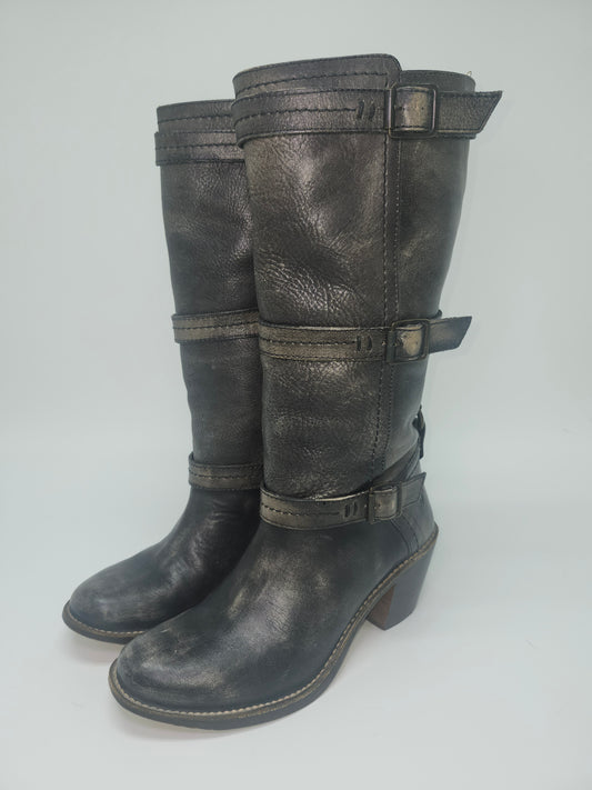 Frye Buckled Knee High Black Leather Heeled Boots Size 8