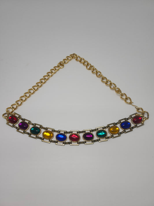Vintage Gold Toned Link Chain Belt with Rainbow Gemstone Cabochons