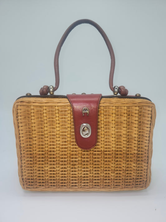 Vintage Etienne Aigner Wicker Basket Purse with Red Leather Accents