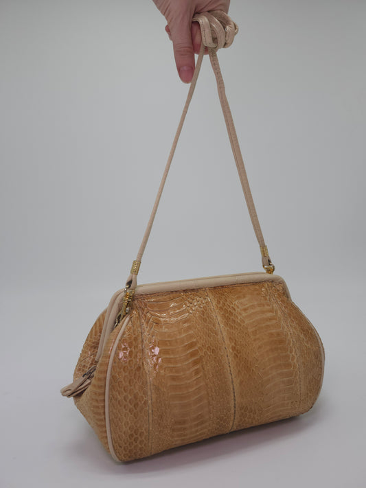 Vintage Cream-Colored Snakeskin & Leather Accented Crossbody Purse