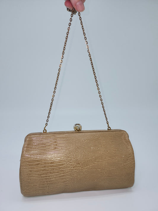 Mid Century Tan Lizard Skin Clutch with Crossbody Chain Strap