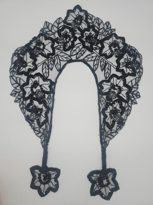 Vintage Black Mesh Beaded Floral Cape / Collar OS