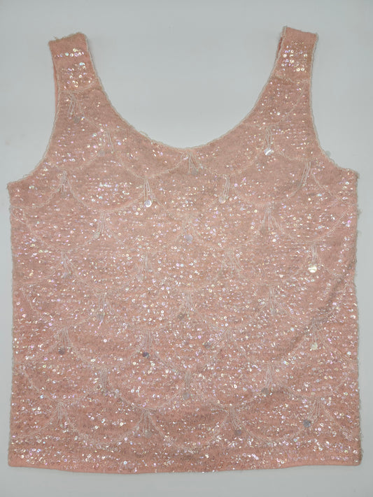 1960s Baby Pink Wool Beaded Sequin Floral Tank Top