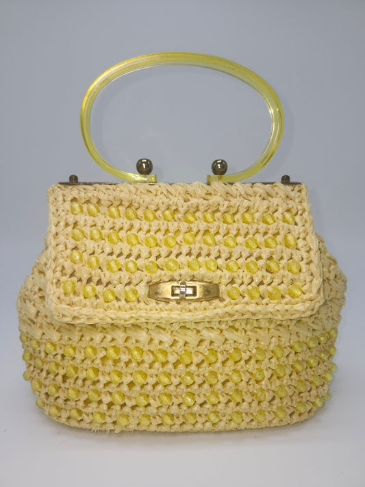 1960s Woven & Beaded Yellow Purse with Lucite Handle