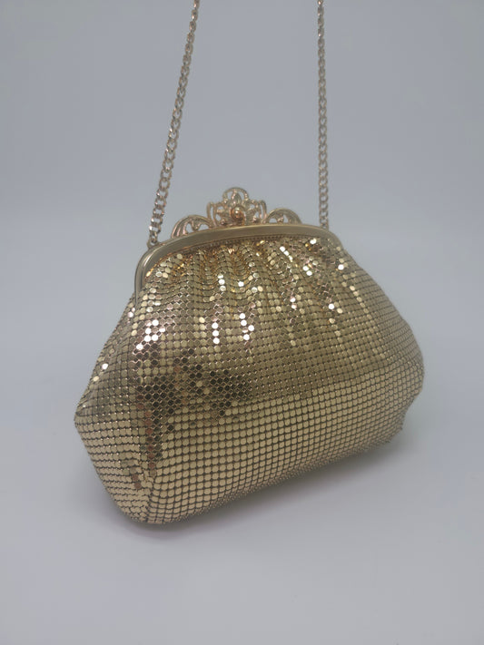 Vintage Whiting & Davis Gold Toned Mesh Crossbody Purse