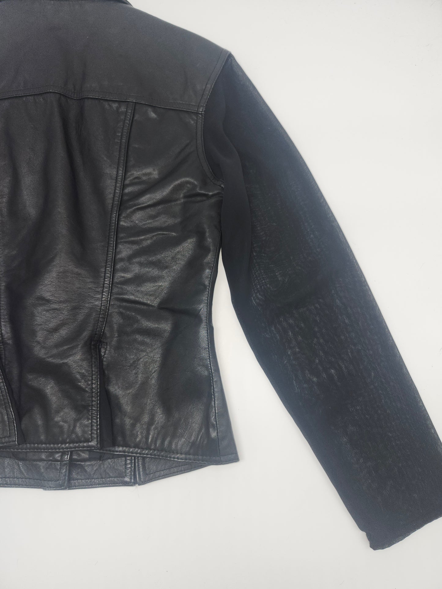 Black Leather Moto Jacket with Sheer Sleeves Vintage Size M