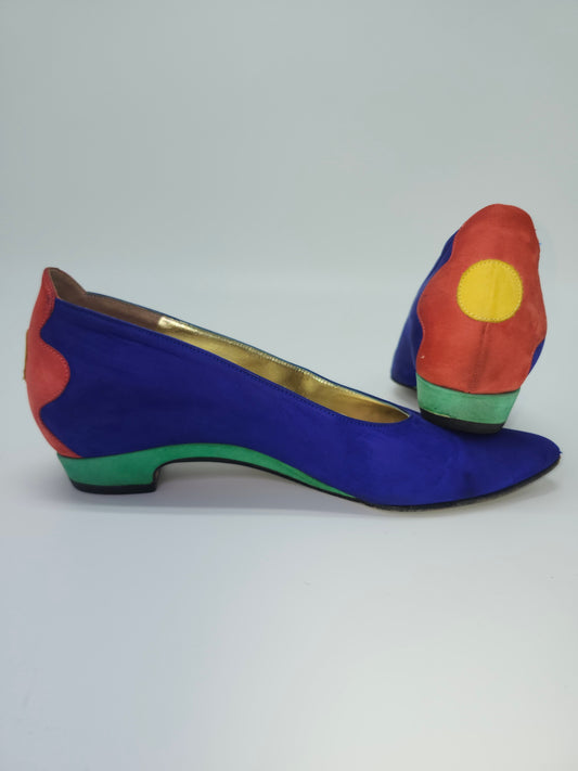 Vintage Escada Suede Multi-Color Block Heels with Floral Detail