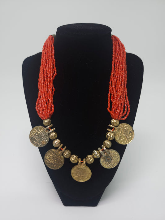 Vintage Coral Beaded Arabic Coin Necklace