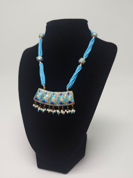 Blue Enamelwork Necklace with Pearls & Turquoise Beads