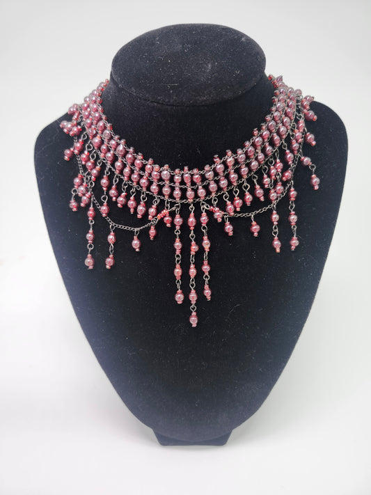 Iridescent Pink Beaded Fringe Choker Necklace