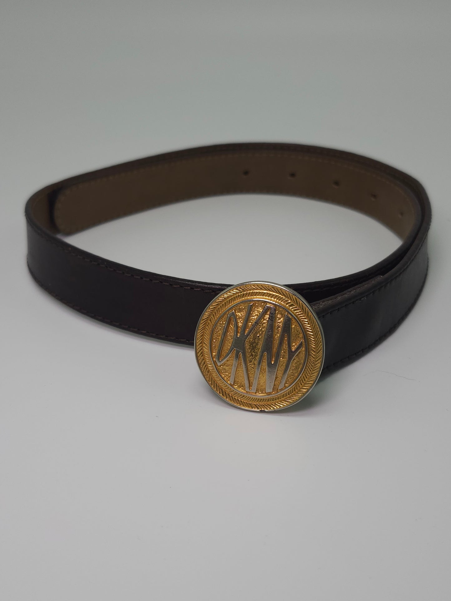 1990's DKNY Brown Leather Belt / Gold Toned Buckle Size Small