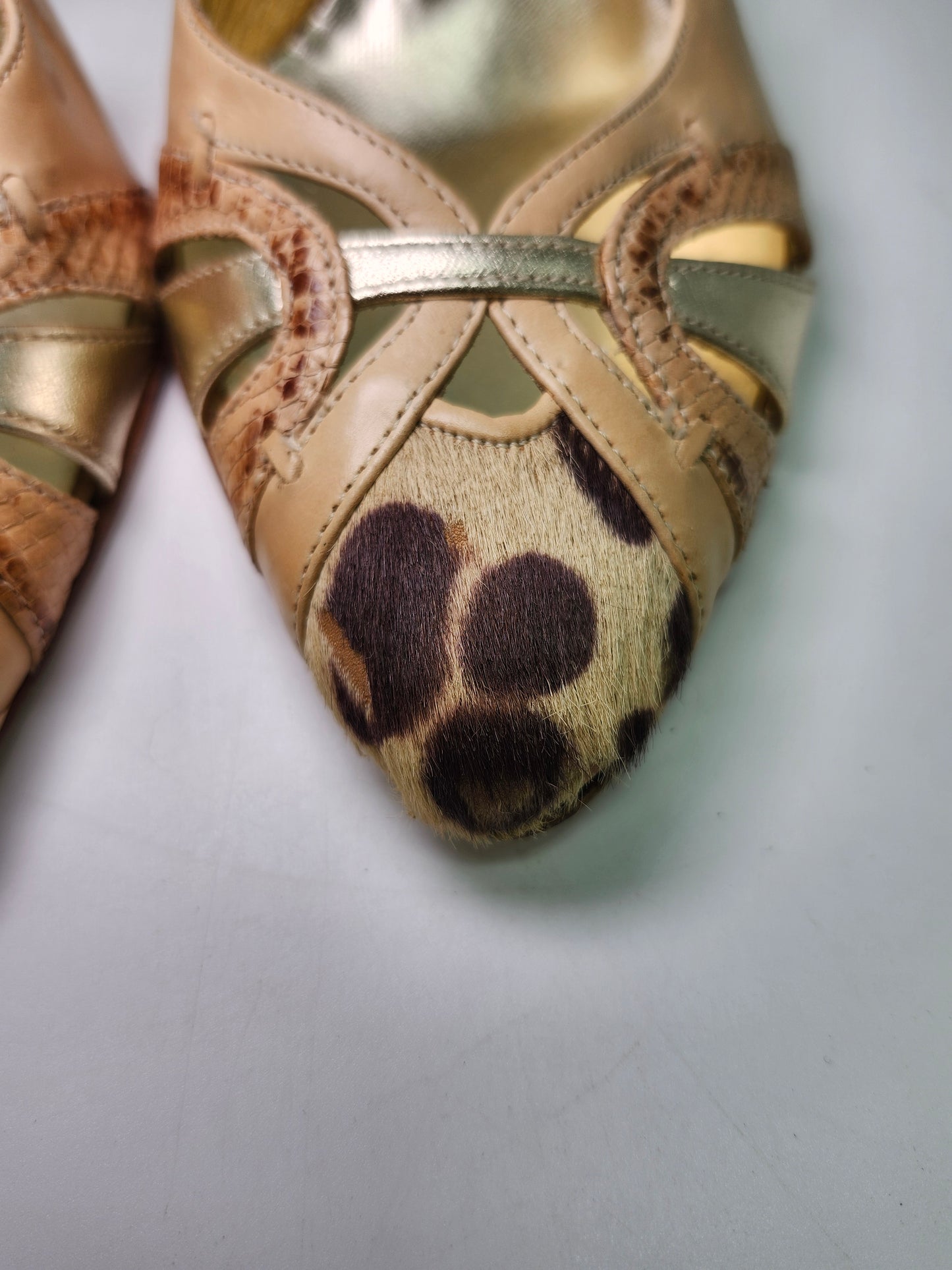 *Antonio Eboli* Y2K Beige Leather & Fur Peep Toe Sling Back Heels Women's 8.5