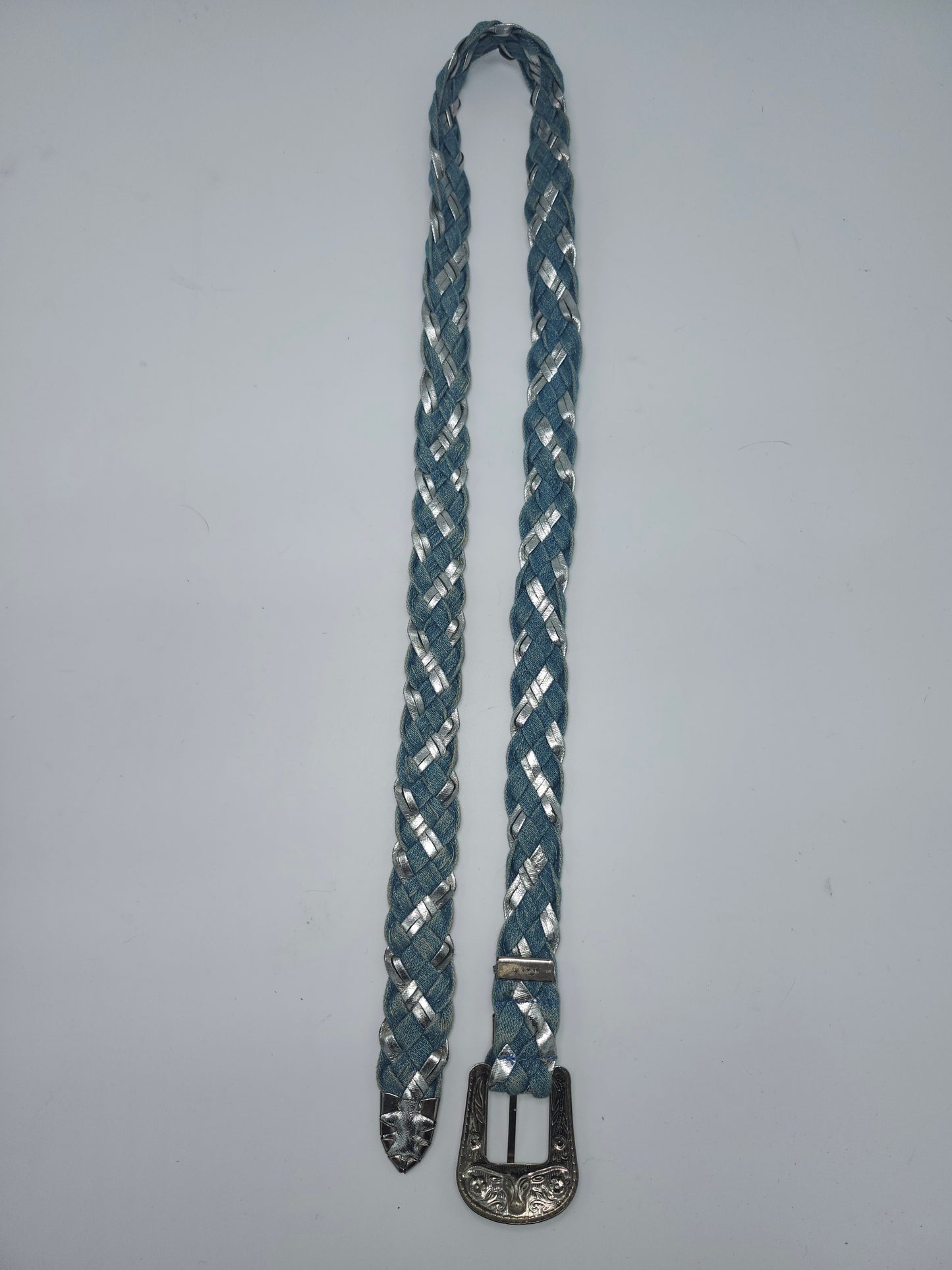 Braided Y2K Metallic Silver Leather & Denim Belt