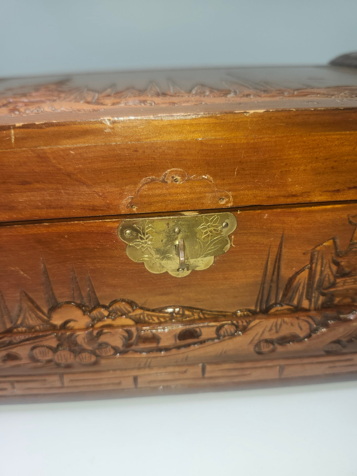 Vintage Wooden Jewelry Box with Carved Eastern Motif