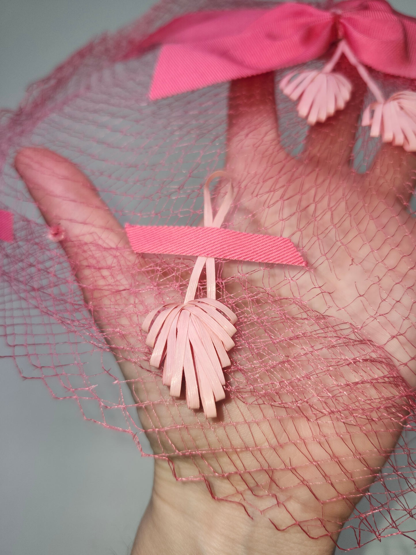 Art Deco Era Pink Mesh Netting Fascinator with Bows