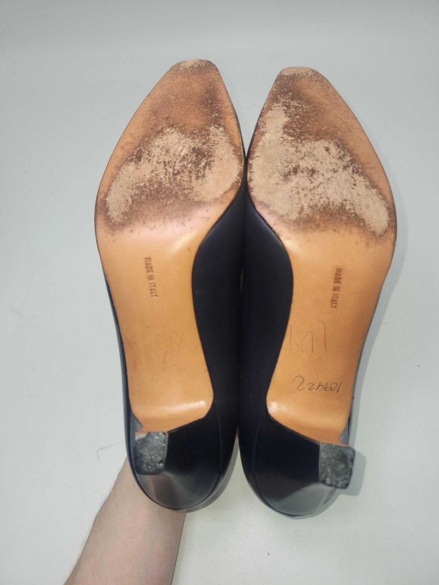 -Ferragamo- Navy Blue Leather Heels with Gold Toned Hardware, Size 10N