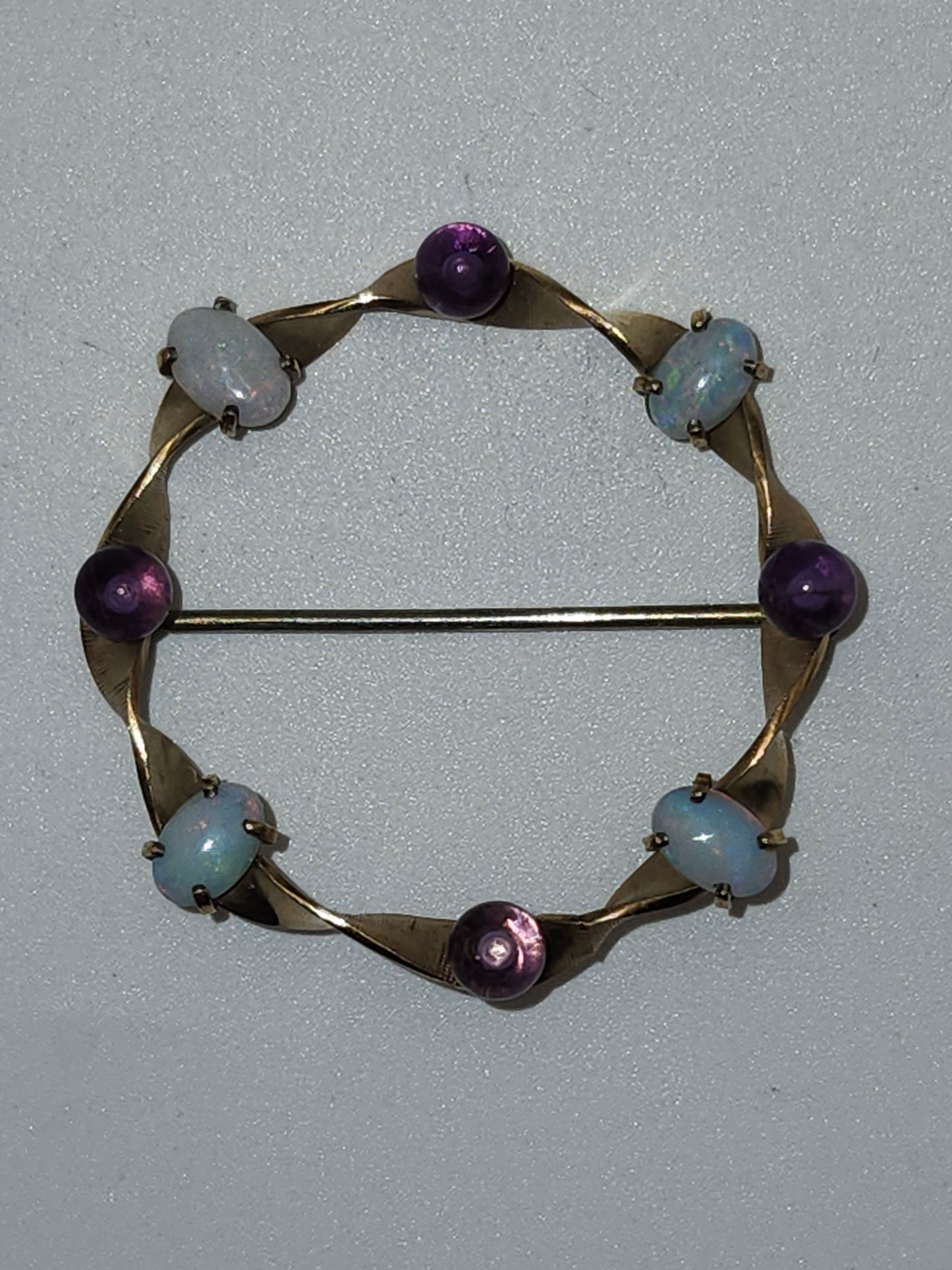 *14K Gold* Overlay Krementz Pin Brooch with Opals & Amethyst
