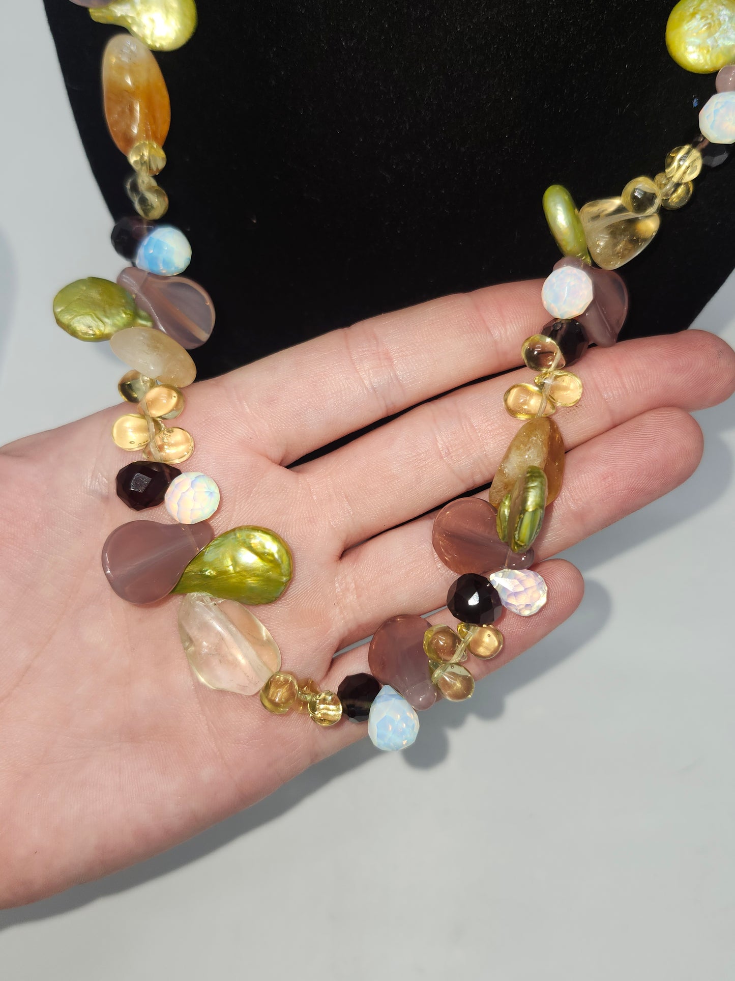 *Gemstone* Opalescent Glass Bead & Real Pearl Necklace / Bracelet Set