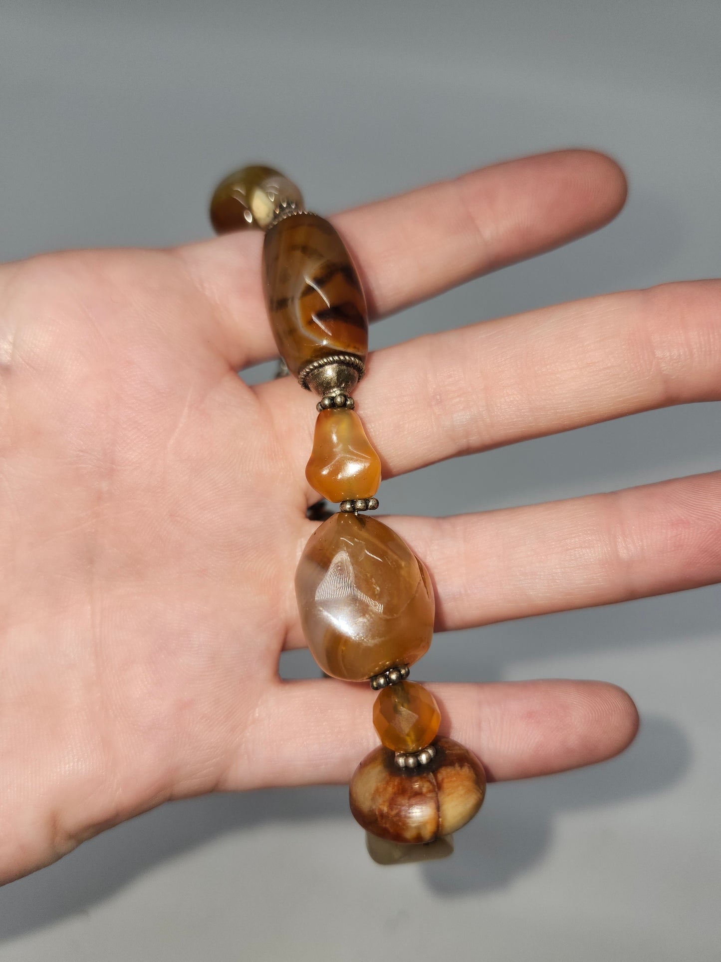 *925* Sterling, Polished Agate, Carnelian Chunky Beaded Bracelet