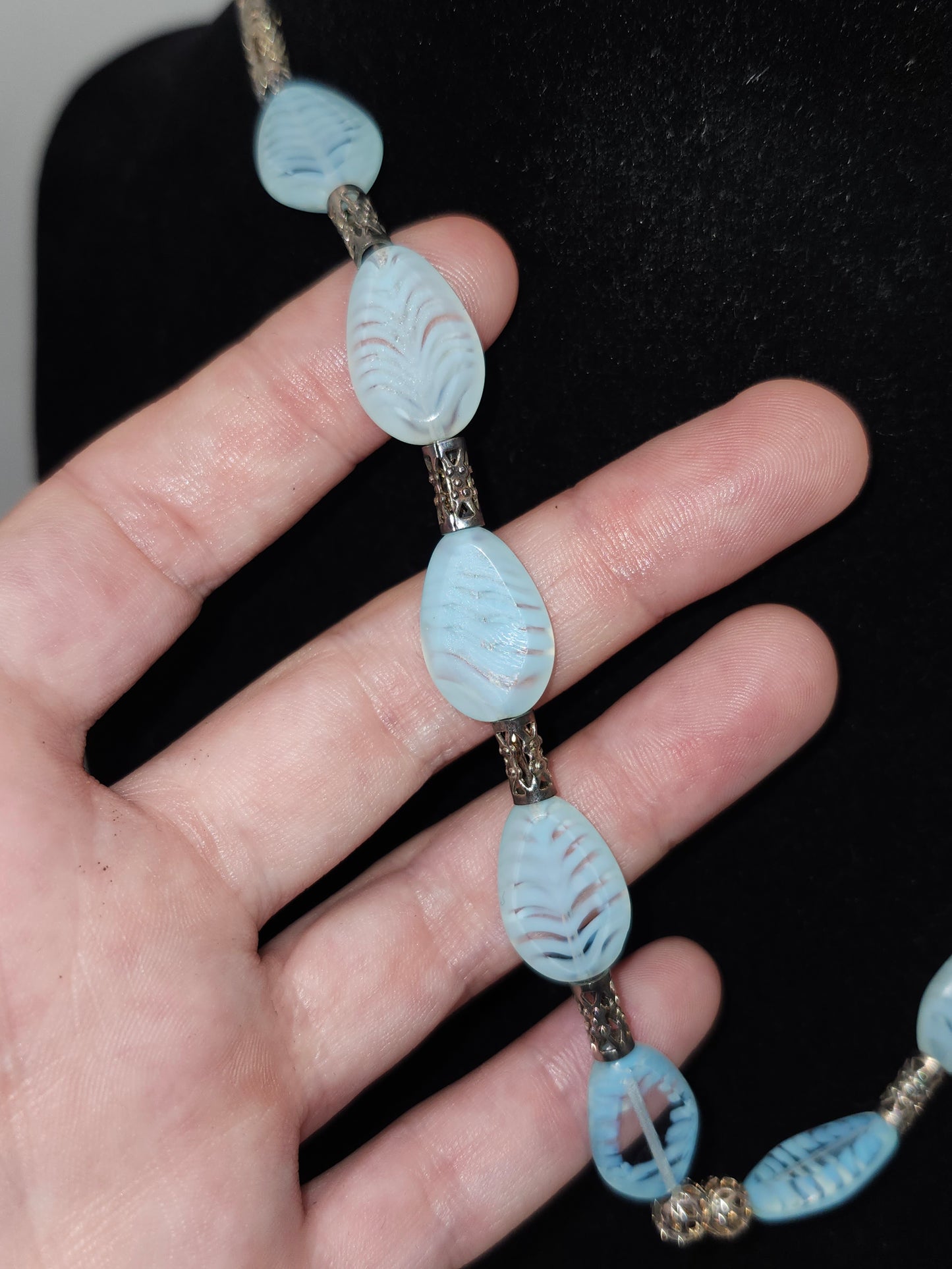 -925- Sterling Czech Art Glass Statement Necklace & Dangle Earrings Matching Set