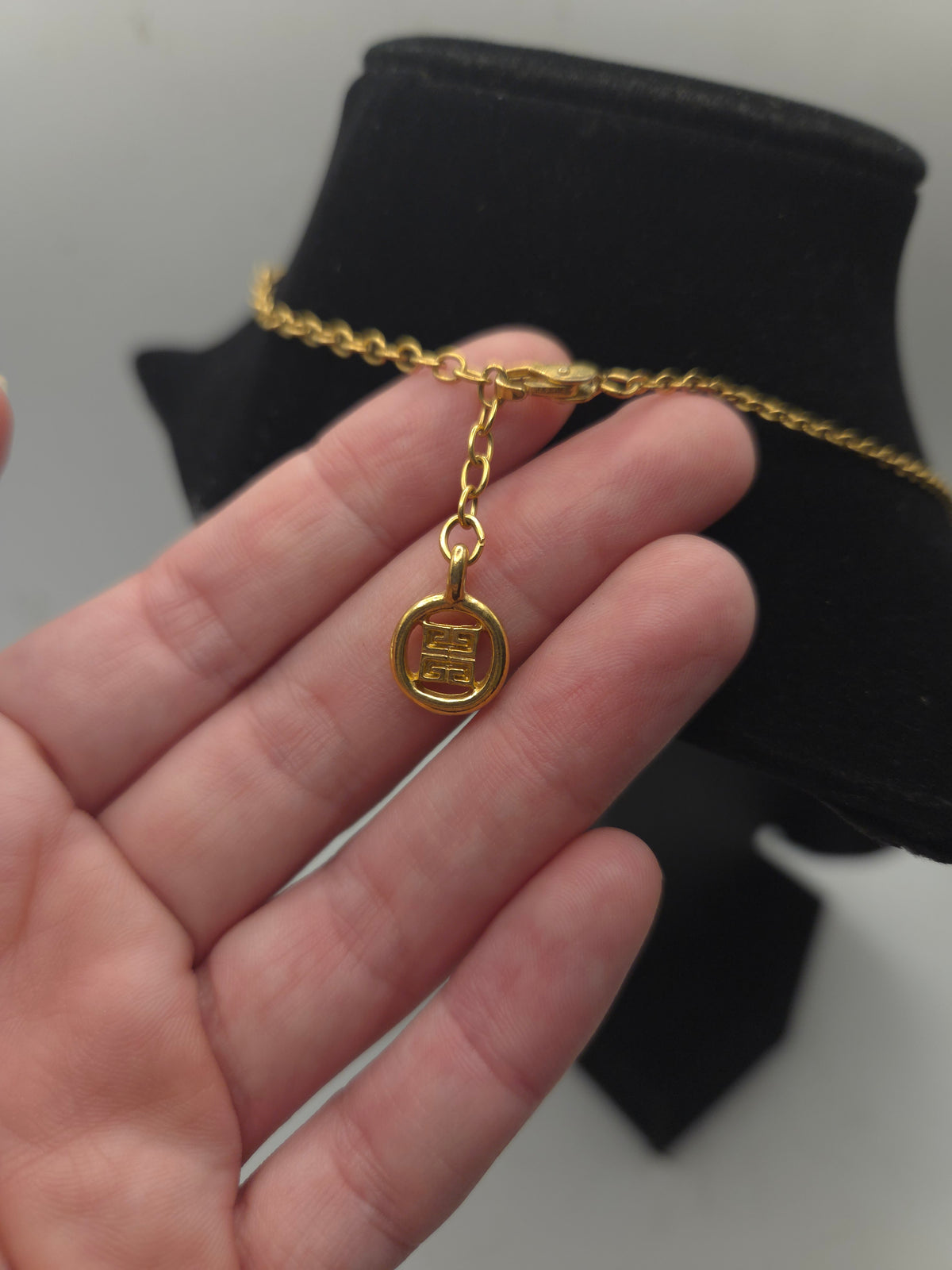 *Givenchy* Vintage Rhinestone Heart Logo Pendant on Gold Chain