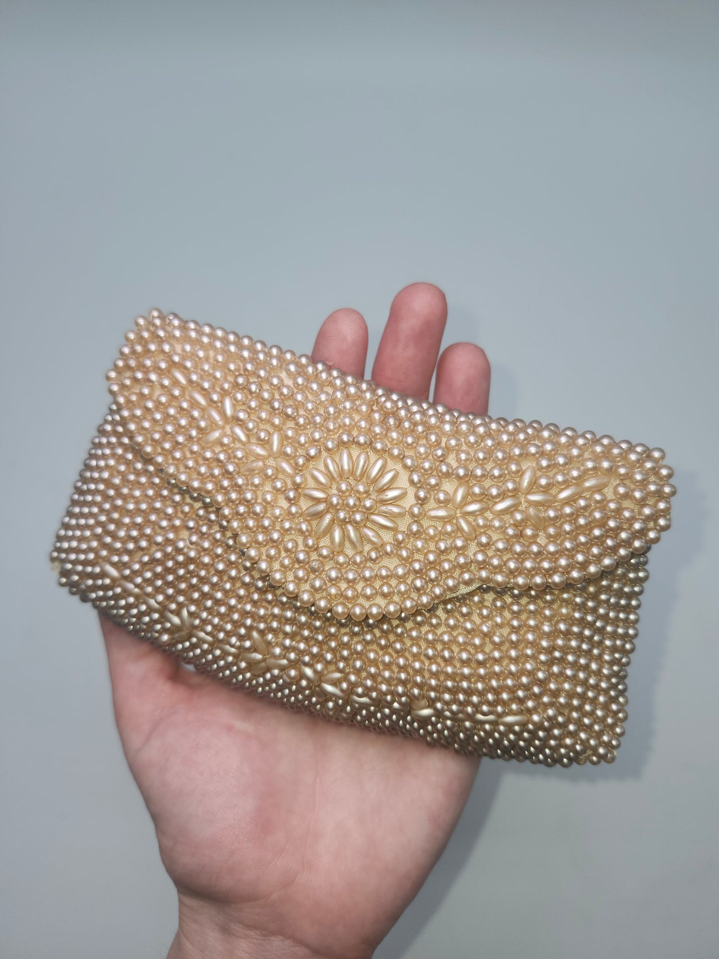 1940s Ivory Pearl Beaded Clutch Made in Occupied Japan