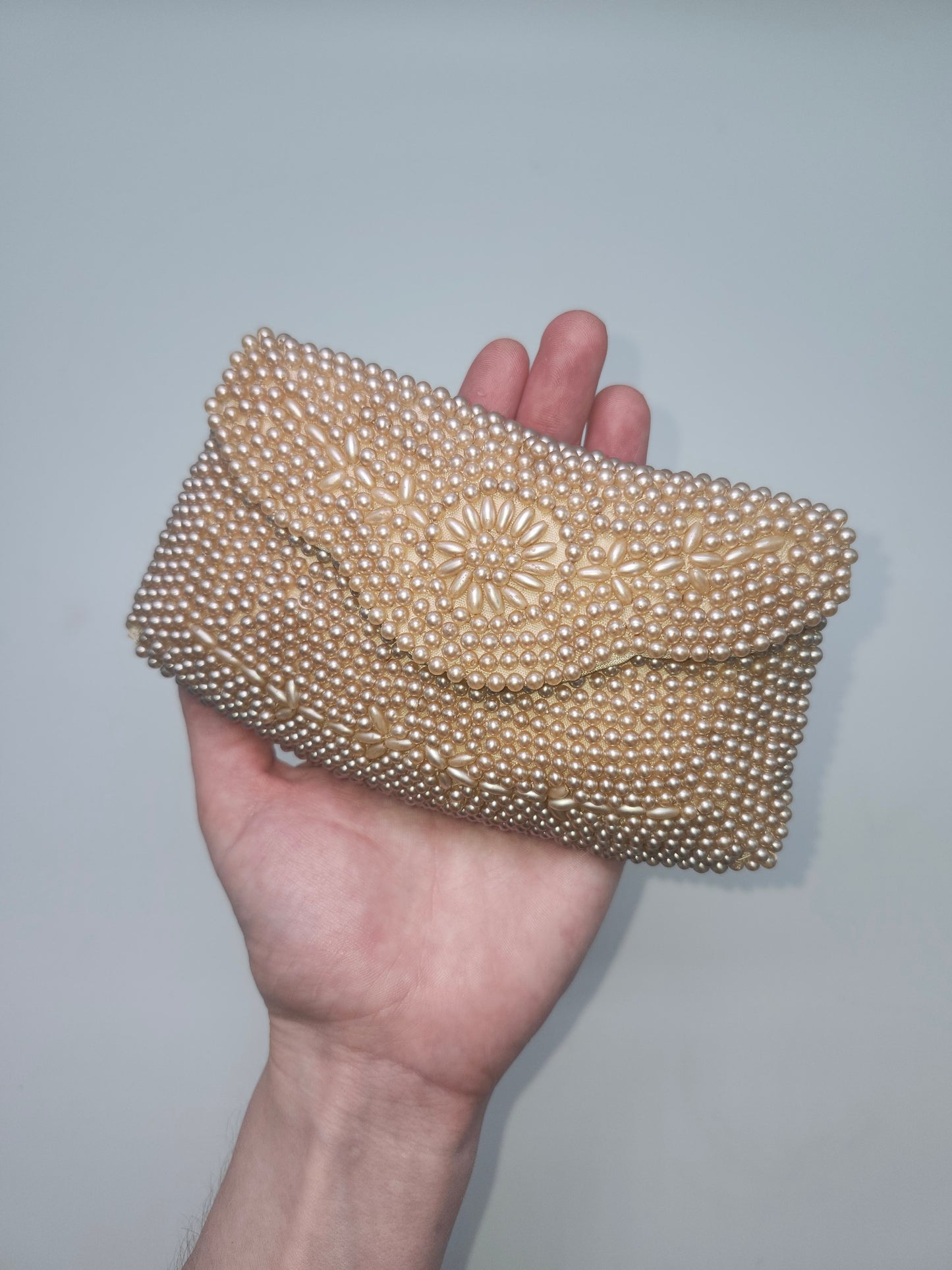 1940s Ivory Pearl Beaded Clutch Made in Occupied Japan