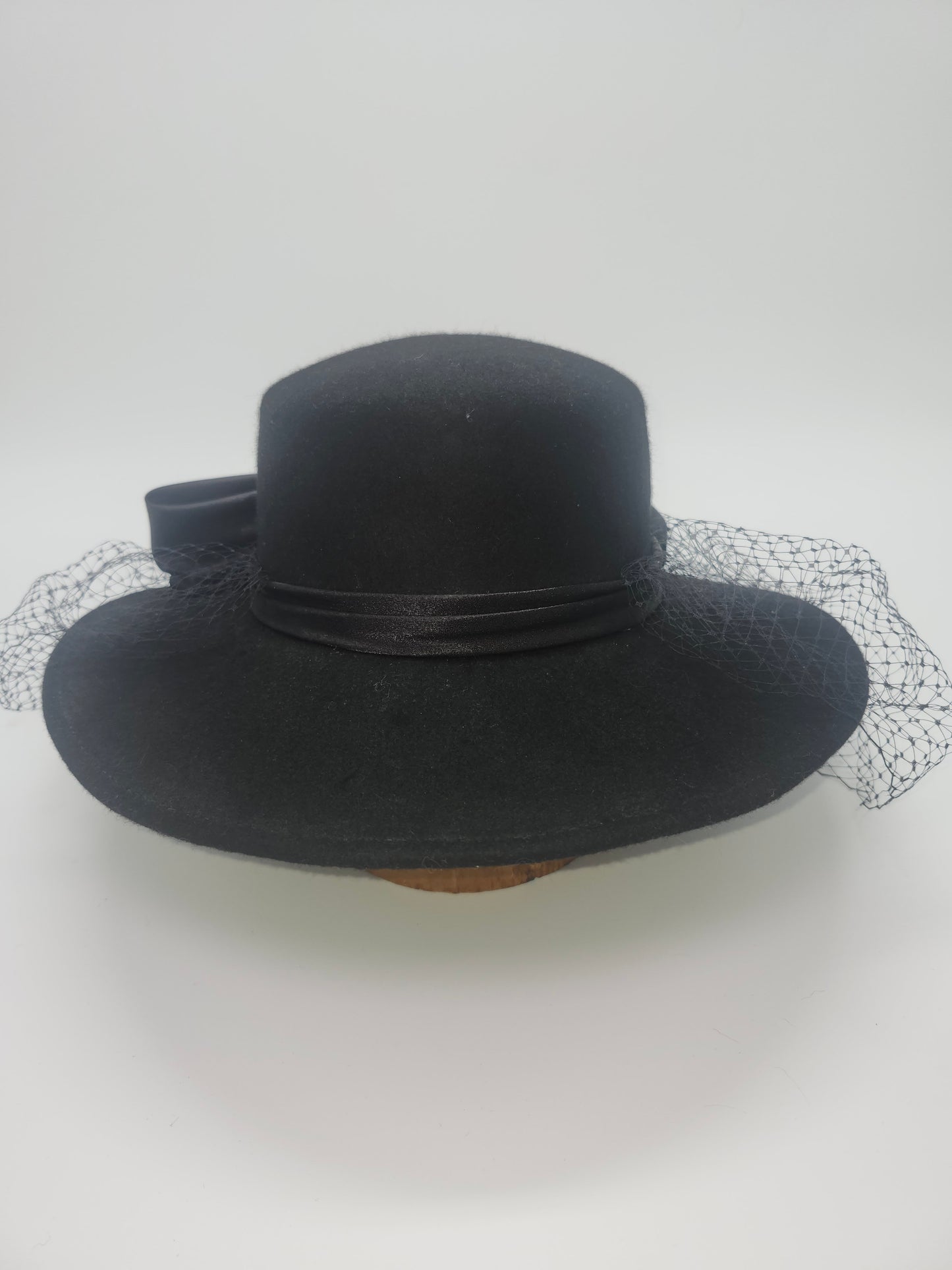 Vintage Black Wool Wide Brim Hat with Satin Bow & Black Netting