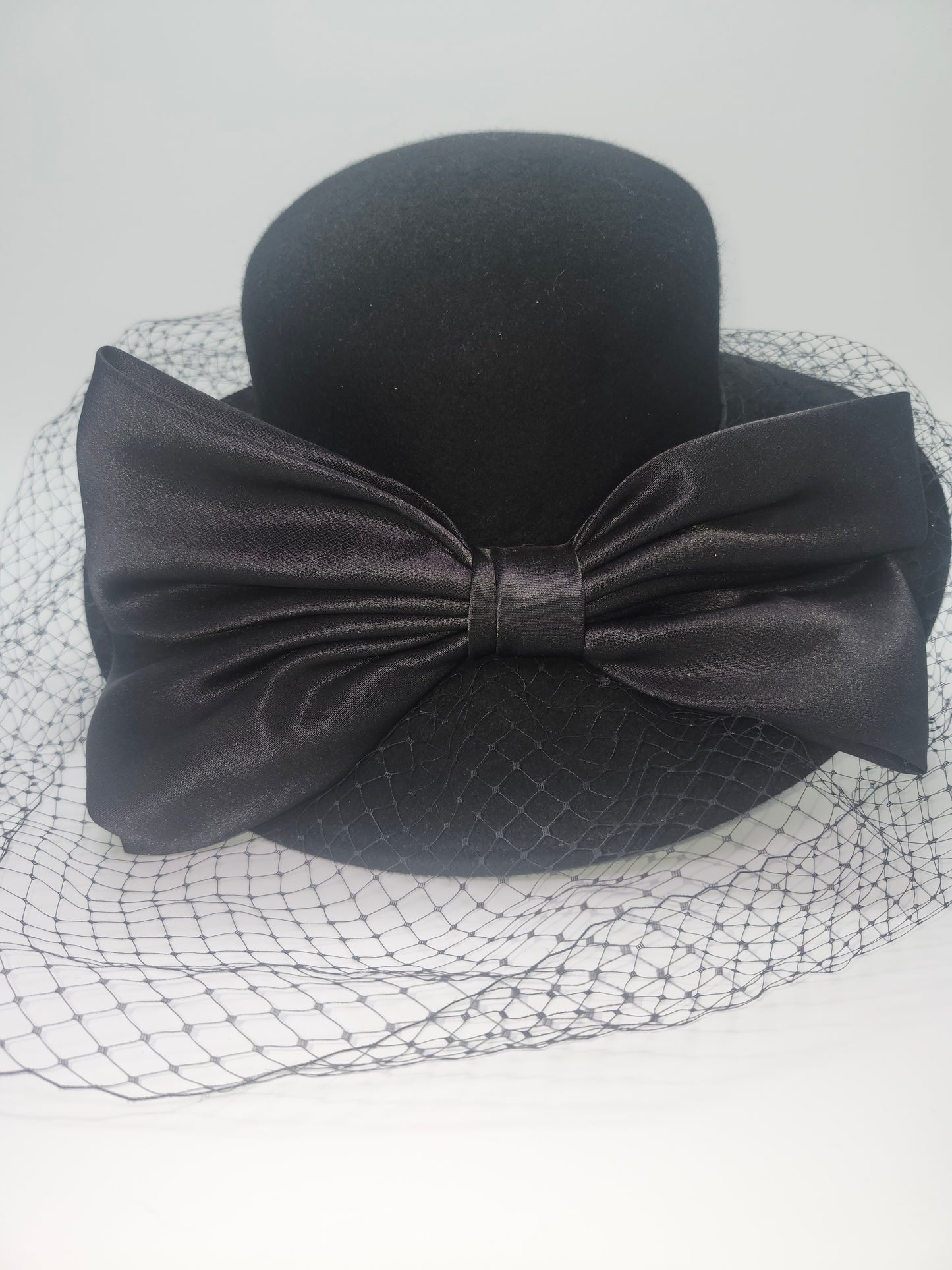 Vintage Black Wool Wide Brim Hat with Satin Bow & Black Netting