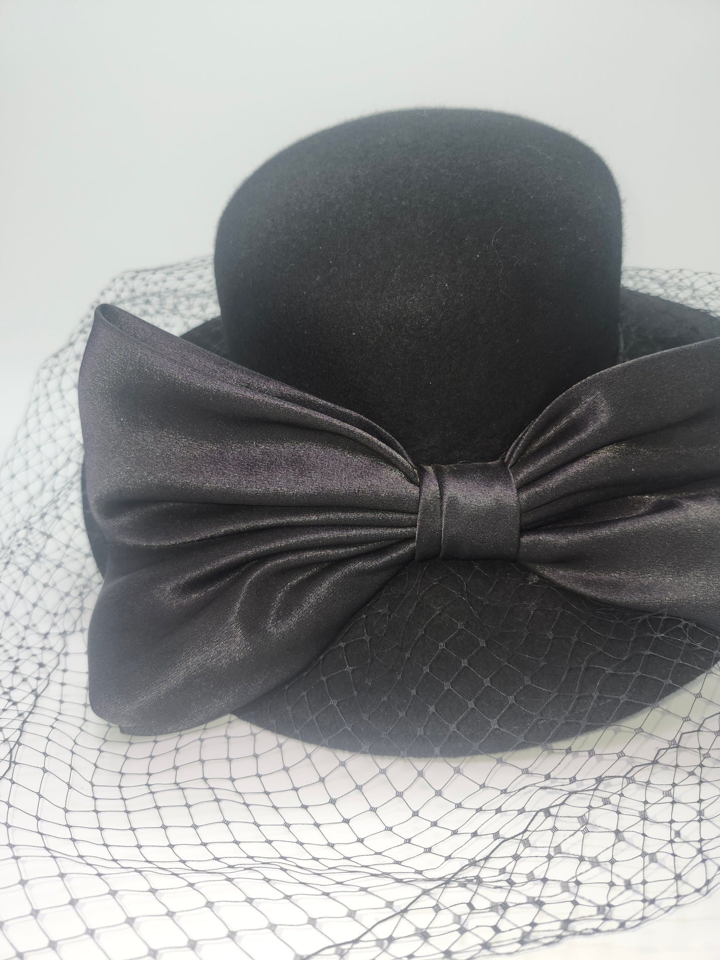 Vintage Black Wool Wide Brim Hat with Satin Bow & Black Netting