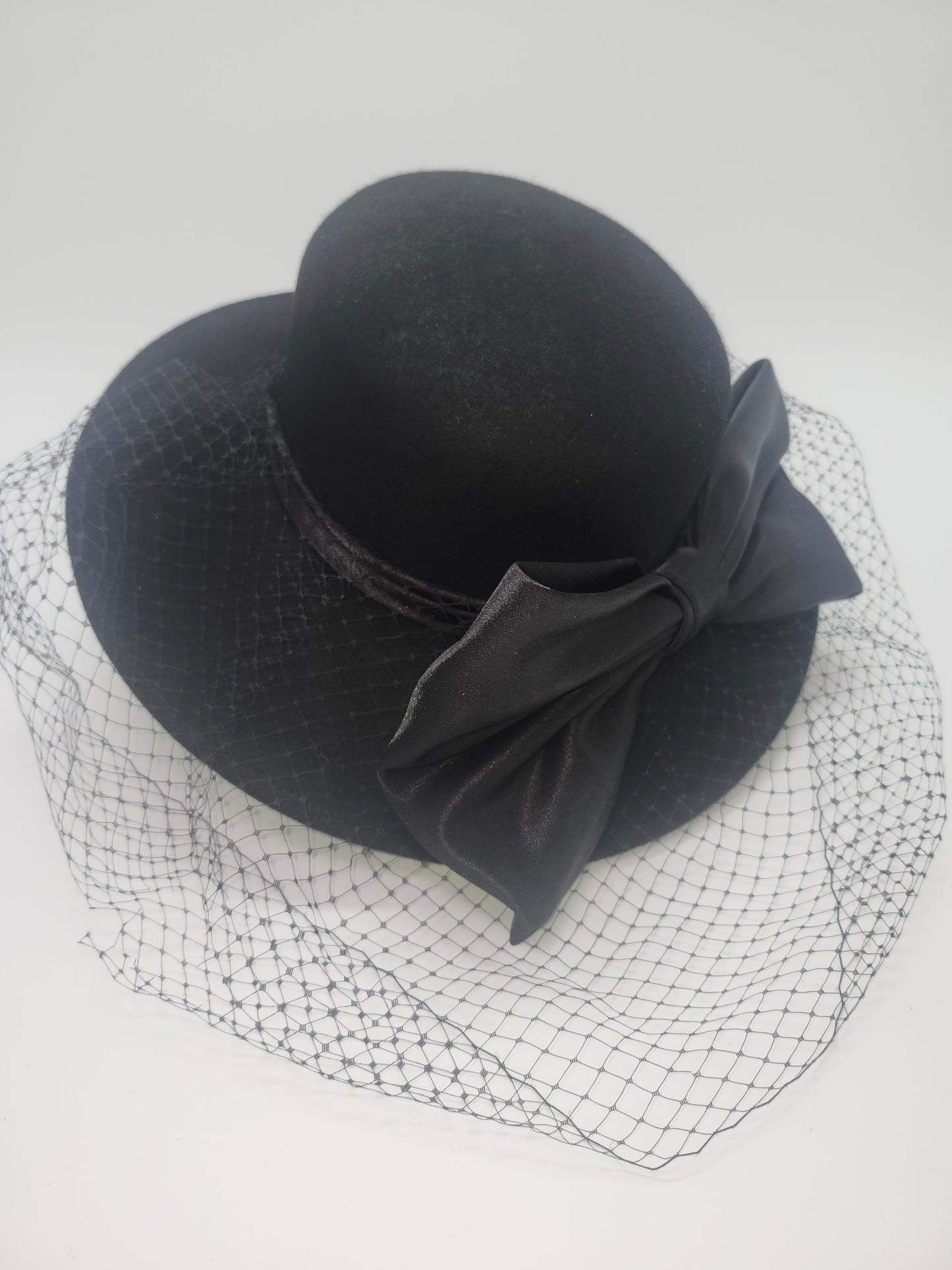 Vintage Black Wool Wide Brim Hat with Satin Bow & Black Netting