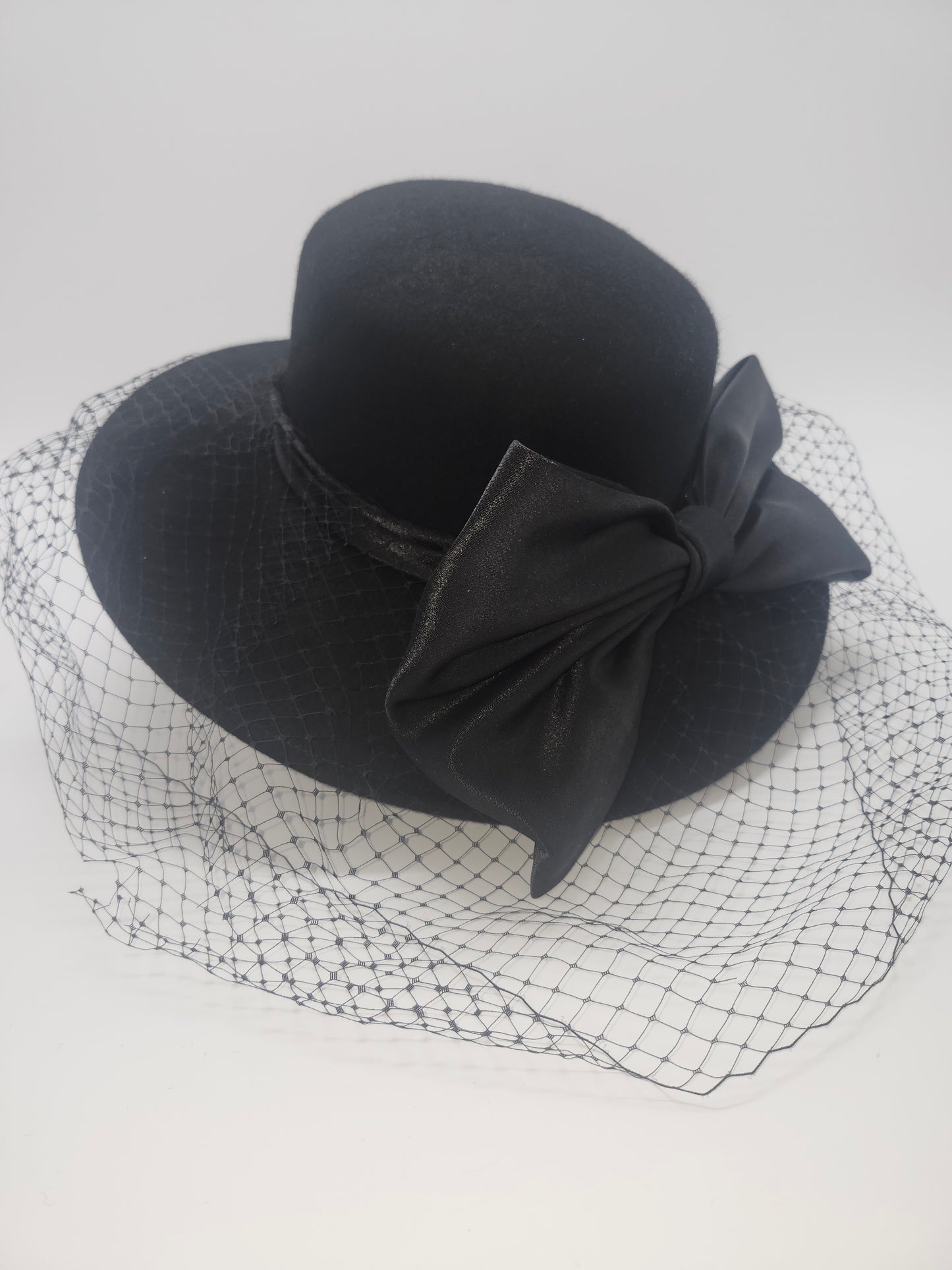 Vintage Black Wool Wide Brim Hat with Satin Bow & Black Netting