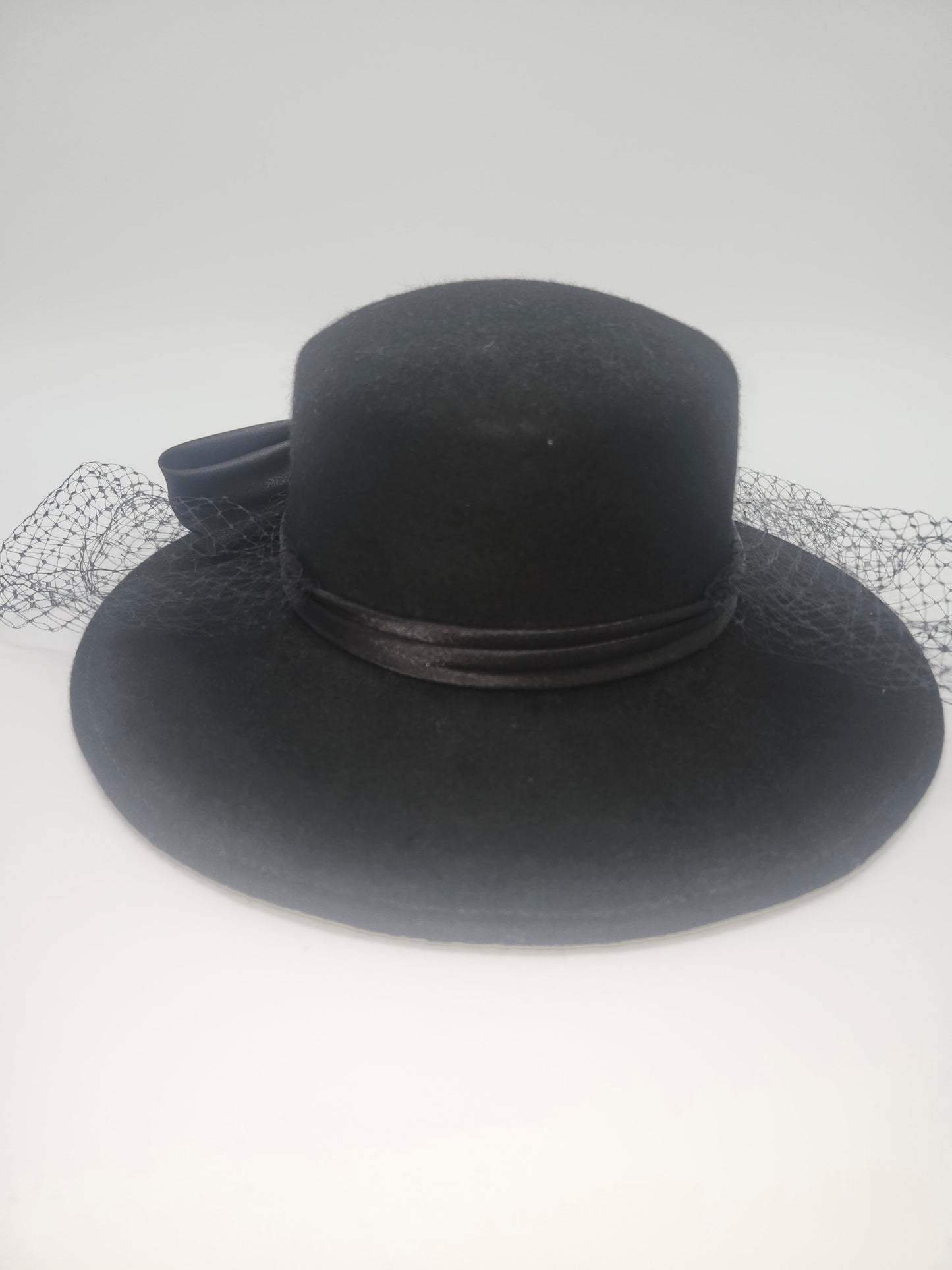 Vintage Black Wool Wide Brim Hat with Satin Bow & Black Netting