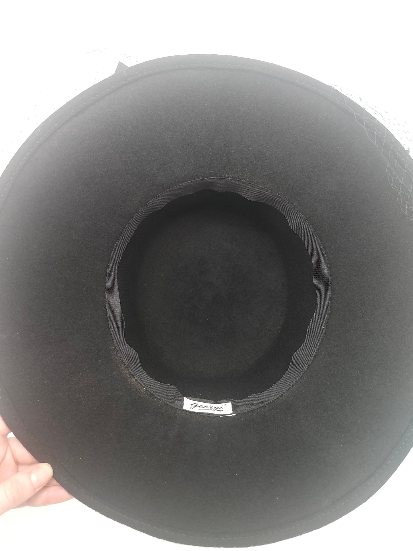 Vintage Black Wool Wide Brim Hat with Satin Bow & Black Netting