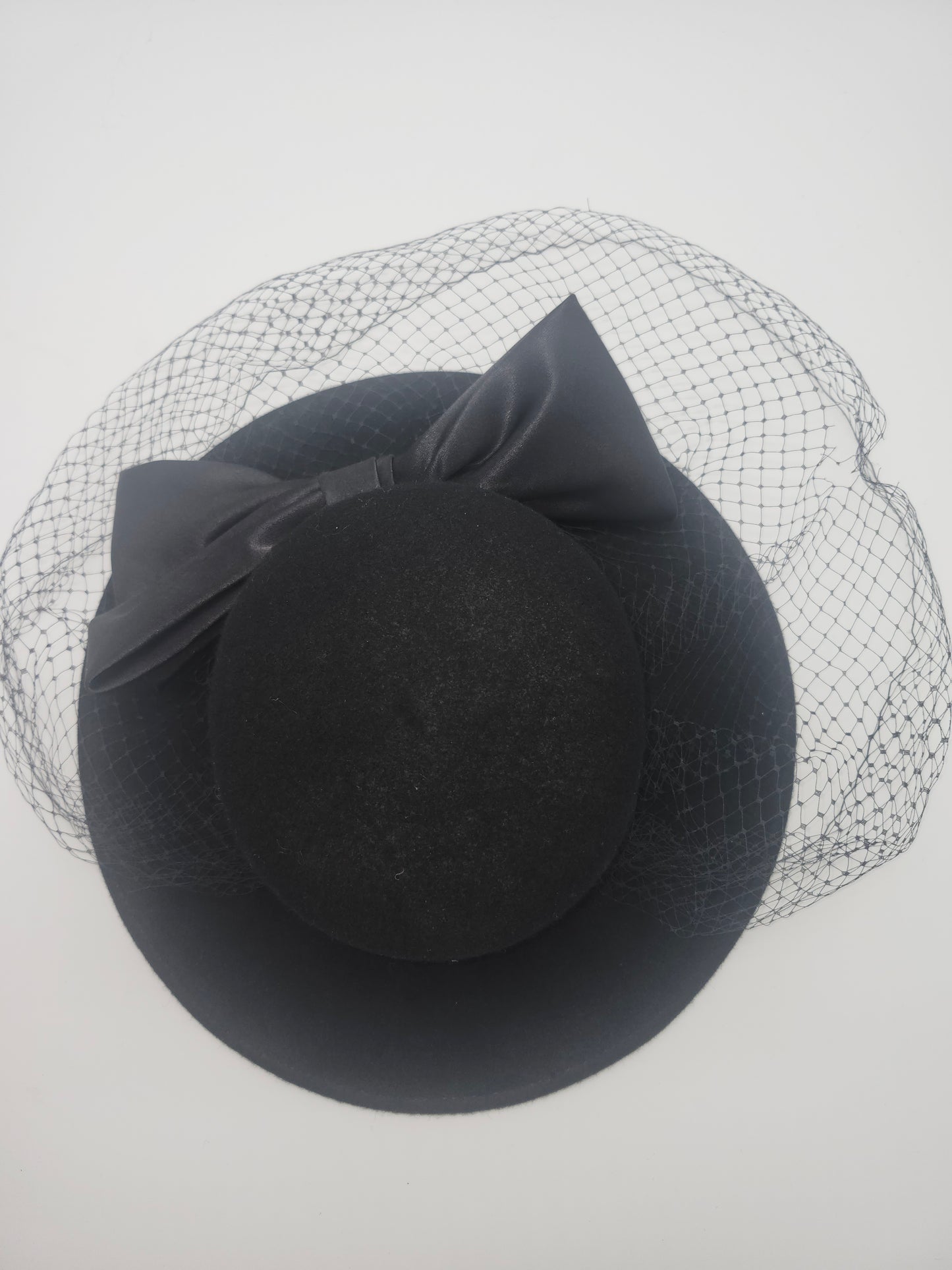 Vintage Black Wool Wide Brim Hat with Satin Bow & Black Netting