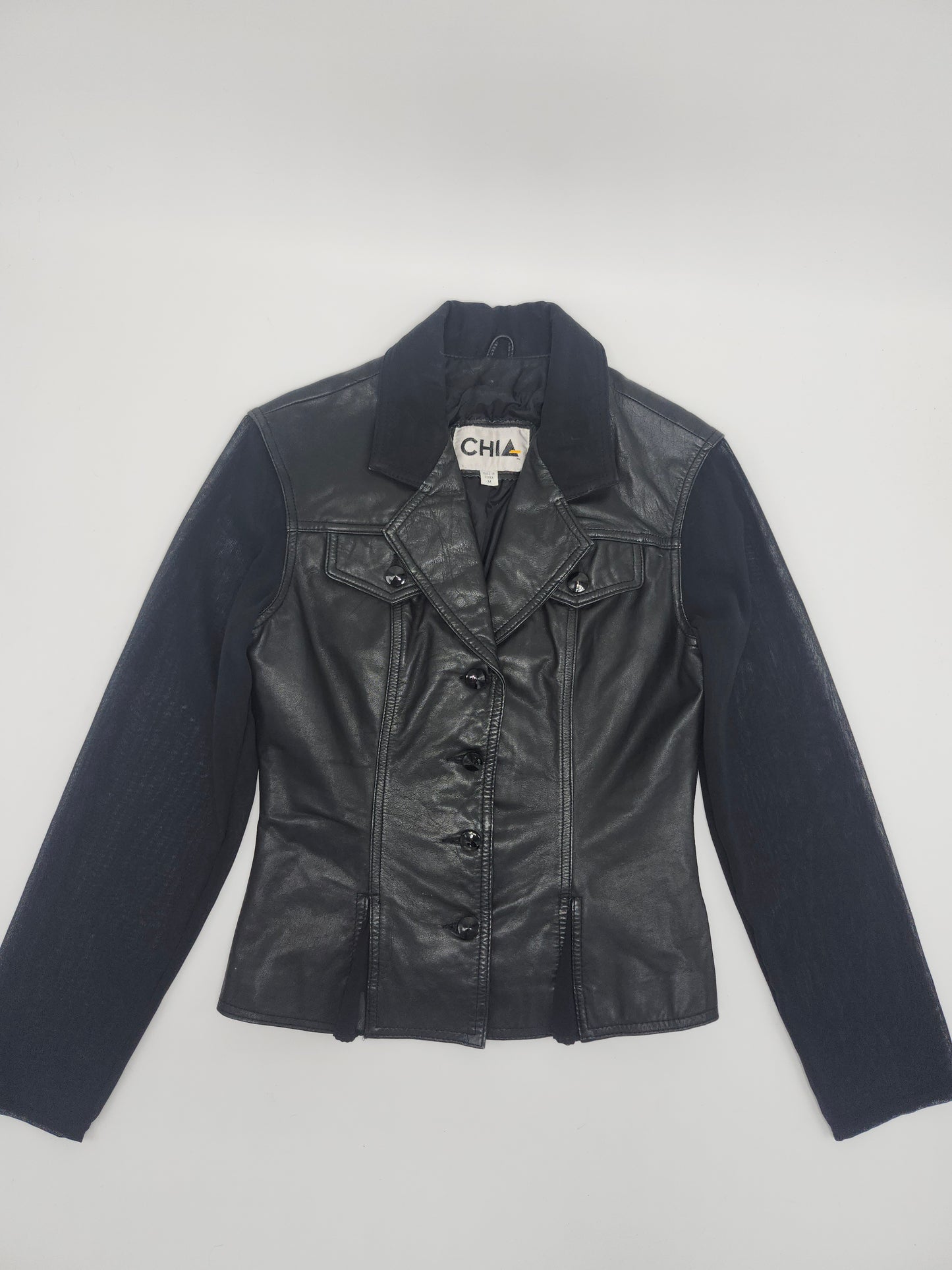 Black Leather Moto Jacket with Sheer Sleeves Vintage Size M