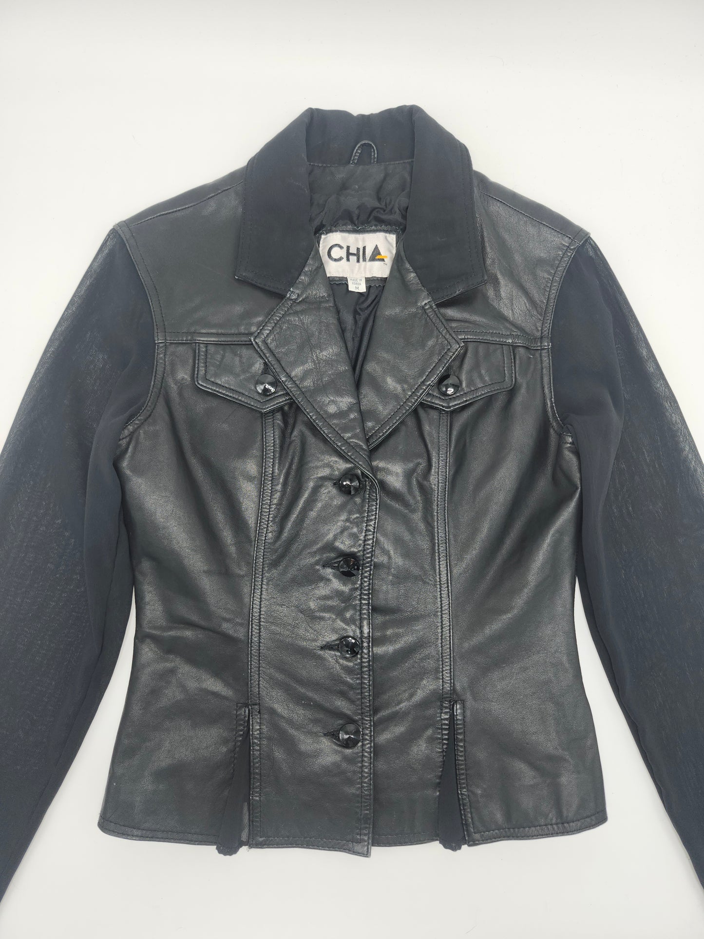 Black Leather Moto Jacket with Sheer Sleeves Vintage Size M